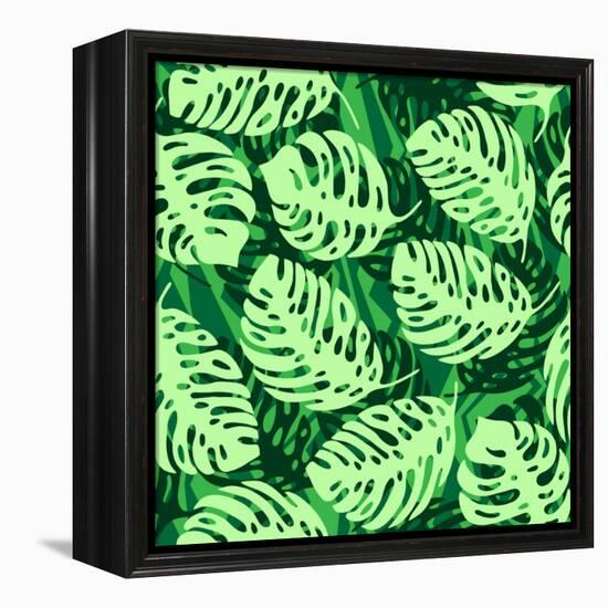 Monstera Leaves on Green Wave Background Pattern-katritch-Framed Stretched Canvas