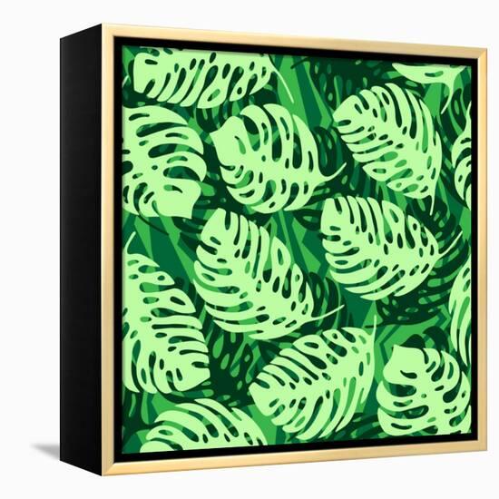 Monstera Leaves on Green Wave Background Pattern-katritch-Framed Stretched Canvas