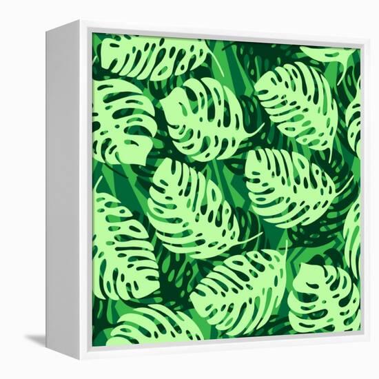 Monstera Leaves on Green Wave Background Pattern-katritch-Framed Stretched Canvas