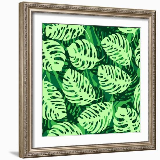 Monstera Leaves on Green Wave Background Pattern-katritch-Framed Art Print