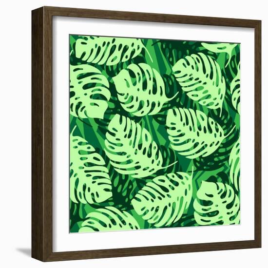 Monstera Leaves on Green Wave Background Pattern-katritch-Framed Art Print