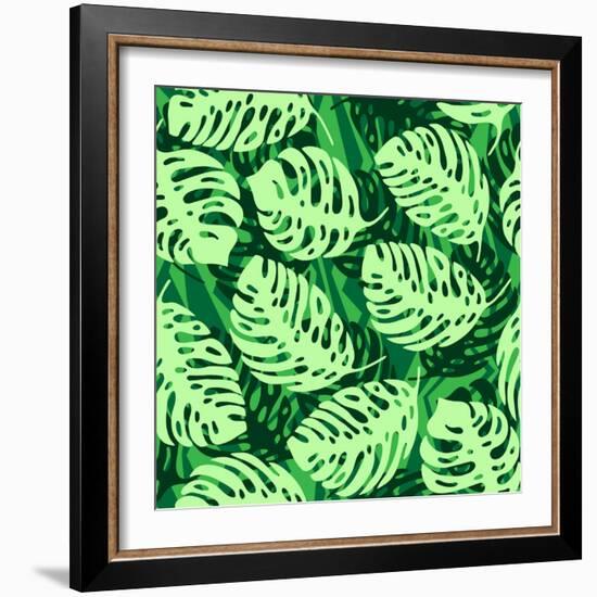 Monstera Leaves on Green Wave Background Pattern-katritch-Framed Art Print