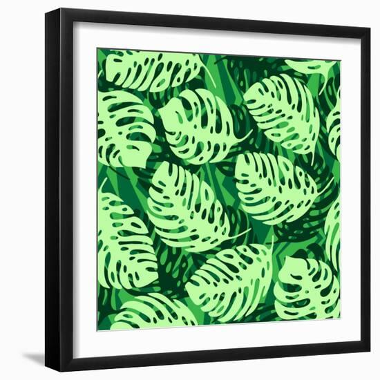 Monstera Leaves on Green Wave Background Pattern-katritch-Framed Art Print