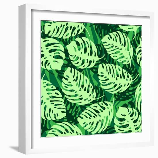 Monstera Leaves on Green Wave Background Pattern-katritch-Framed Art Print