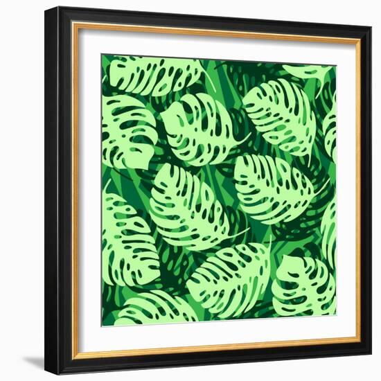 Monstera Leaves on Green Wave Background Pattern-katritch-Framed Art Print