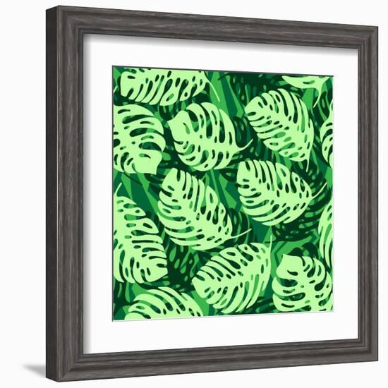 Monstera Leaves on Green Wave Background Pattern-katritch-Framed Art Print