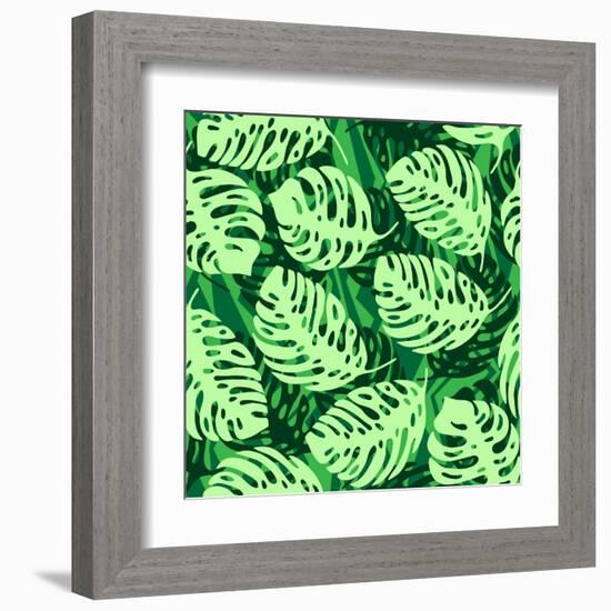 Monstera Leaves on Green Wave Background Pattern-katritch-Framed Art Print