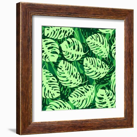 Monstera Leaves on Green Wave Background Pattern-katritch-Framed Art Print