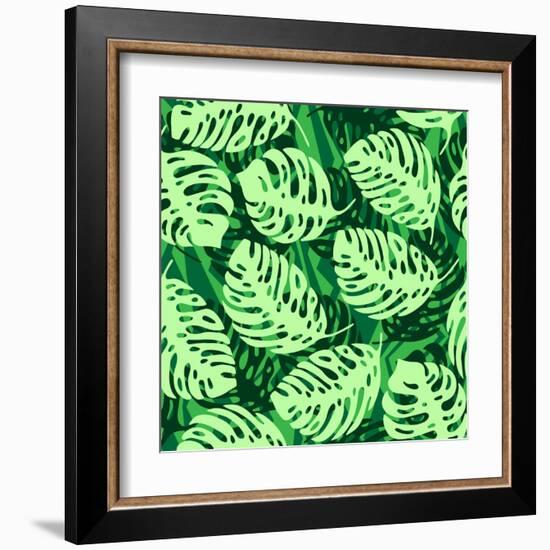 Monstera Leaves on Green Wave Background Pattern-katritch-Framed Art Print