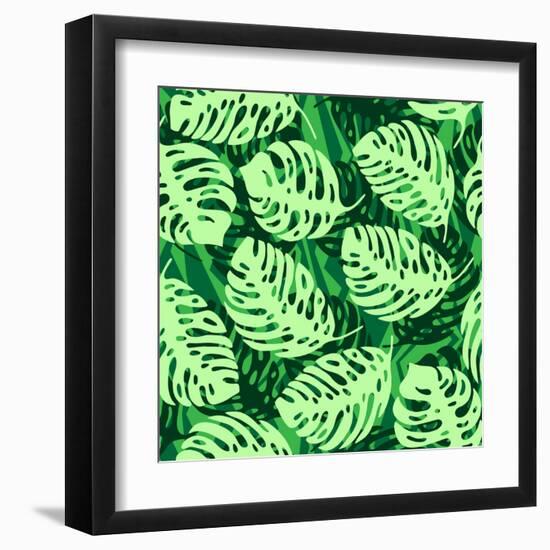 Monstera Leaves on Green Wave Background Pattern-katritch-Framed Art Print