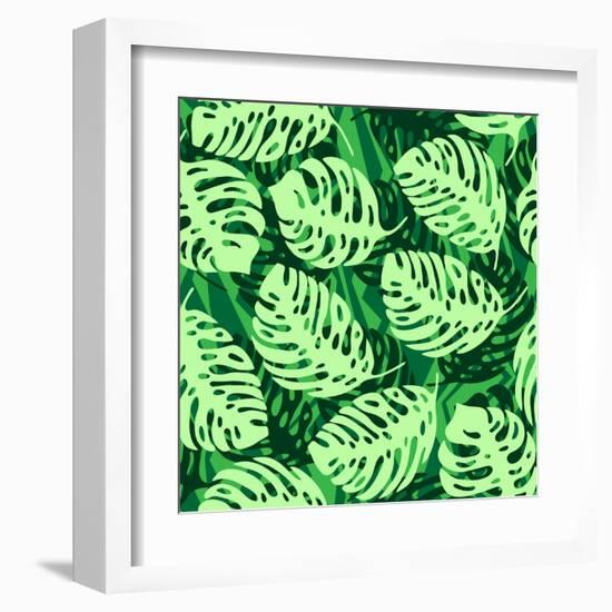 Monstera Leaves on Green Wave Background Pattern-katritch-Framed Art Print