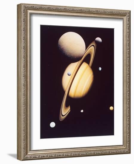 Montage of Saturn and Satellites Taken by Voyager 1 and 2, Titan Iapetus and Tethys Mimas and Rhea-null-Framed Photographic Print