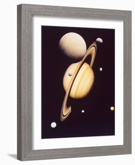 Montage of Saturn and Satellites Taken by Voyager 1 and 2, Titan Iapetus and Tethys Mimas and Rhea-null-Framed Photographic Print