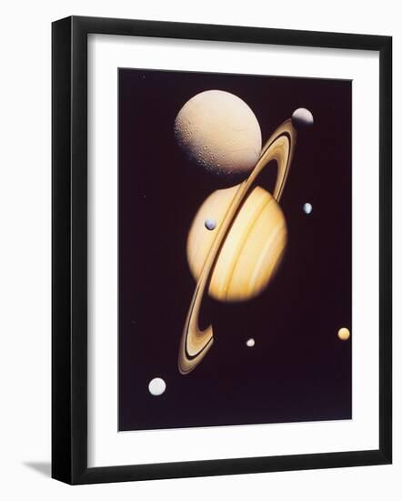 Montage of Saturn and Satellites Taken by Voyager 1 and 2, Titan Iapetus and Tethys Mimas and Rhea-null-Framed Photographic Print