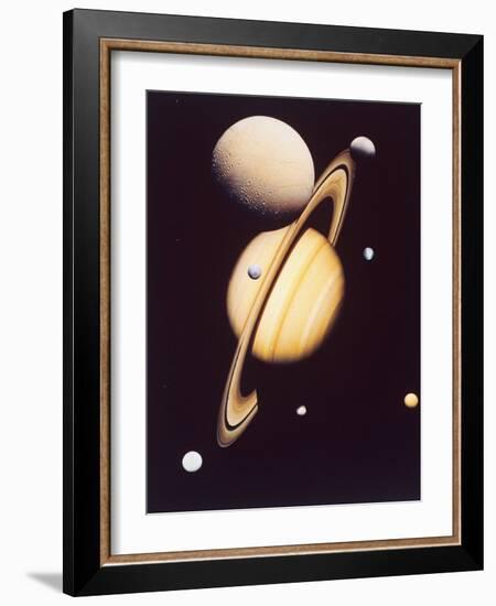 Montage of Saturn and Satellites Taken by Voyager 1 and 2, Titan Iapetus and Tethys Mimas and Rhea-null-Framed Photographic Print