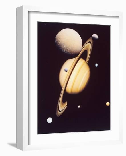 Montage of Saturn and Satellites Taken by Voyager 1 and 2, Titan Iapetus and Tethys Mimas and Rhea-null-Framed Photographic Print