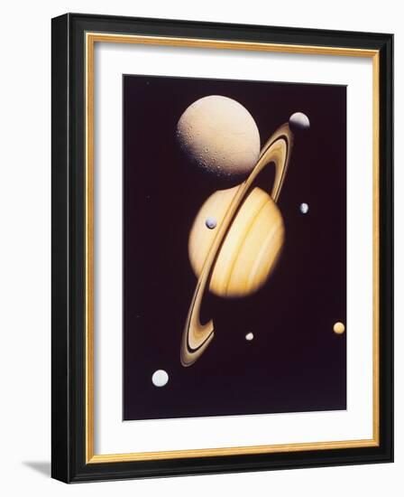 Montage of Saturn and Satellites Taken by Voyager 1 and 2, Titan Iapetus and Tethys Mimas and Rhea-null-Framed Photographic Print