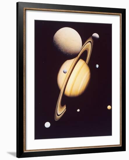 Montage of Saturn and Satellites Taken by Voyager 1 and 2, Titan Iapetus and Tethys Mimas and Rhea-null-Framed Photographic Print