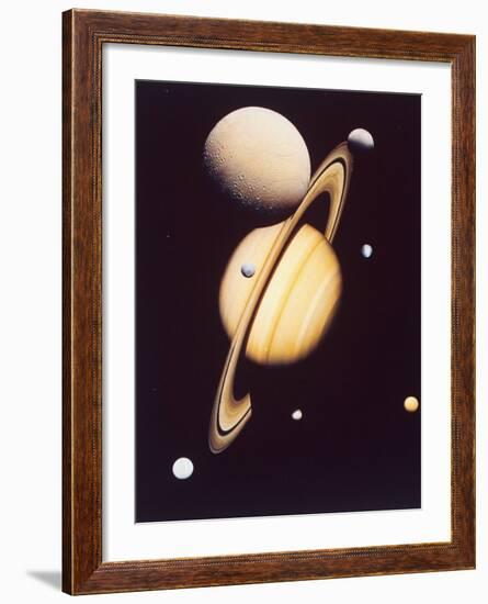 Montage of Saturn and Satellites Taken by Voyager 1 and 2, Titan Iapetus and Tethys Mimas and Rhea-null-Framed Photographic Print