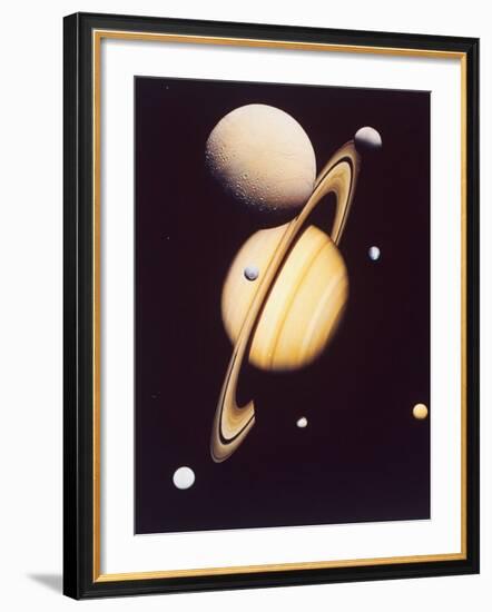 Montage of Saturn and Satellites Taken by Voyager 1 and 2, Titan Iapetus and Tethys Mimas and Rhea-null-Framed Photographic Print