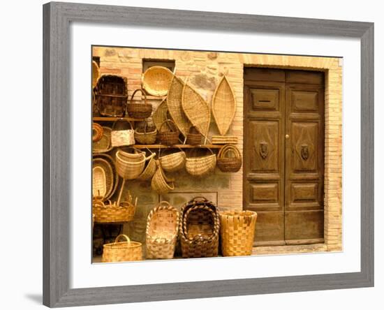 Montalcino, Basket Seller and Wall, Tuscany, Italy-Walter Bibikow-Framed Photographic Print
