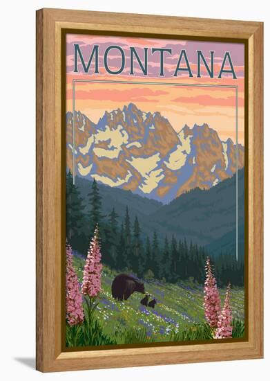 Montana - Bear Family and Spring Flowers-Lantern Press-Framed Stretched Canvas