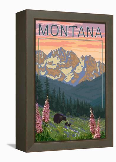 Montana - Bear Family and Spring Flowers-Lantern Press-Framed Stretched Canvas