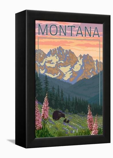 Montana - Bear Family and Spring Flowers-Lantern Press-Framed Stretched Canvas