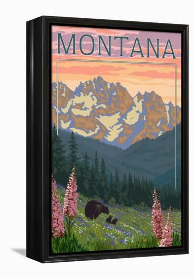 Montana - Bear Family and Spring Flowers-Lantern Press-Framed Stretched Canvas