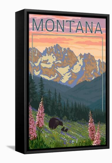 Montana - Bear Family and Spring Flowers-Lantern Press-Framed Stretched Canvas