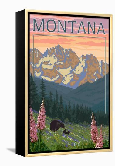 Montana - Bear Family and Spring Flowers-Lantern Press-Framed Stretched Canvas