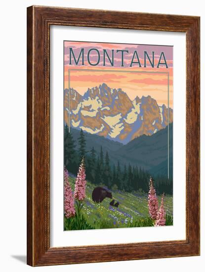 Montana - Bear Family and Spring Flowers-Lantern Press-Framed Art Print