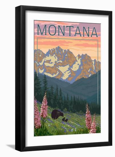 Montana - Bear Family and Spring Flowers-Lantern Press-Framed Art Print