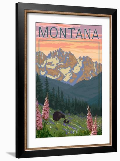 Montana - Bear Family and Spring Flowers-Lantern Press-Framed Art Print