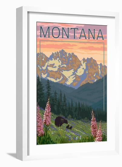 Montana - Bear Family and Spring Flowers-Lantern Press-Framed Art Print