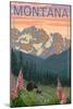 Montana - Bear Family and Spring Flowers-Lantern Press-Mounted Art Print