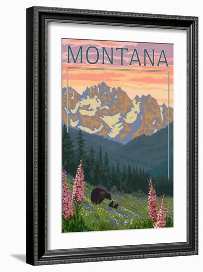 Montana - Bear Family and Spring Flowers-Lantern Press-Framed Art Print