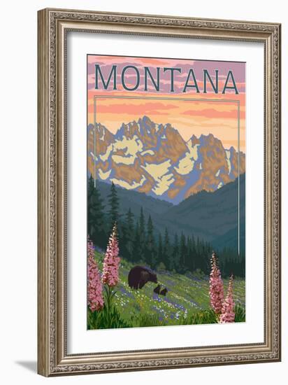 Montana - Bear Family and Spring Flowers-Lantern Press-Framed Premium Giclee Print