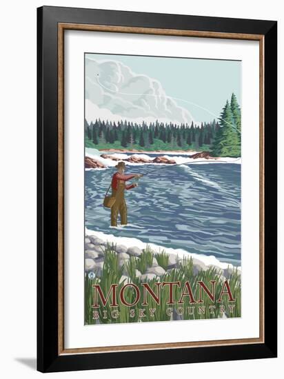 Montana, Big Sky Country, Fly Fisherman-Lantern Press-Framed Art Print