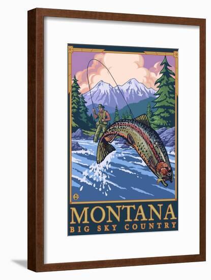 Montana -- Big Sky Country - Fly Fishing Scene-Lantern Press-Framed Art Print