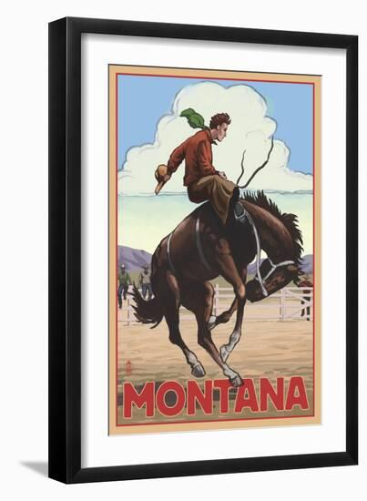 Montana - Cowboy and Bronco Scene-Lantern Press-Framed Art Print