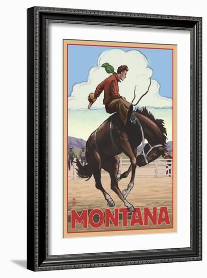Montana - Cowboy and Bronco Scene-Lantern Press-Framed Art Print