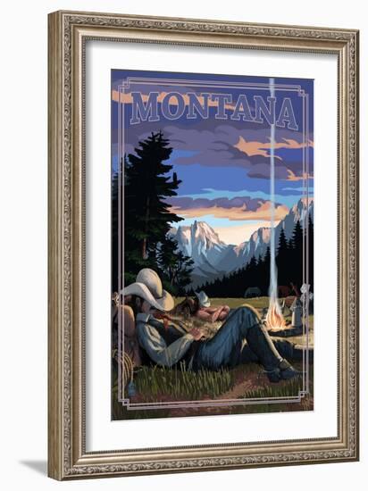 Montana - Cowboy Camping Night Scene-Lantern Press-Framed Art Print