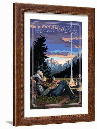 Montana - Cowboy Camping Night Scene-Lantern Press-Framed Art Print
