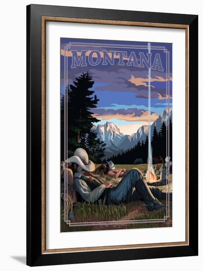 Montana - Cowboy Camping Night Scene-Lantern Press-Framed Art Print