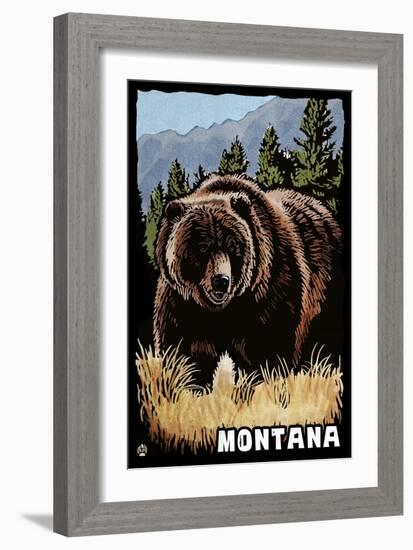 Montana - Grizzly Bear - Scratchboard-Lantern Press-Framed Art Print