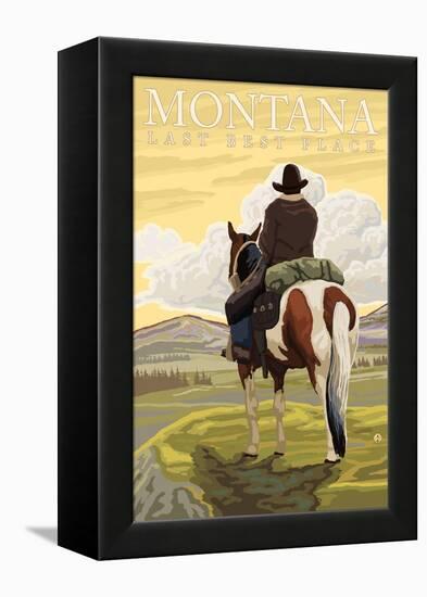 Montana, Last Best Place, Cowboy on Horseback-Lantern Press-Framed Stretched Canvas