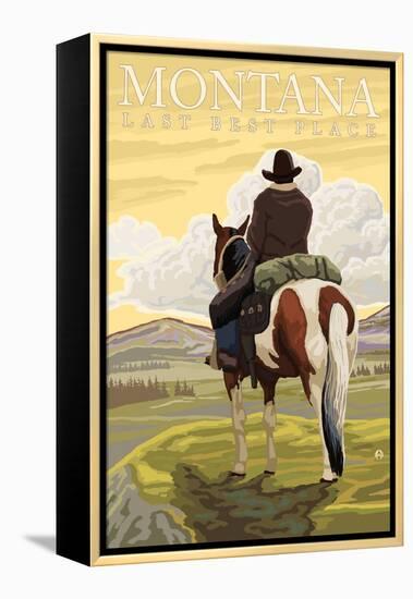 Montana, Last Best Place, Cowboy on Horseback-Lantern Press-Framed Stretched Canvas