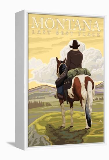 Montana, Last Best Place, Cowboy on Horseback-Lantern Press-Framed Stretched Canvas