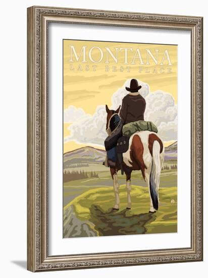 Montana, Last Best Place, Cowboy on Horseback-Lantern Press-Framed Art Print